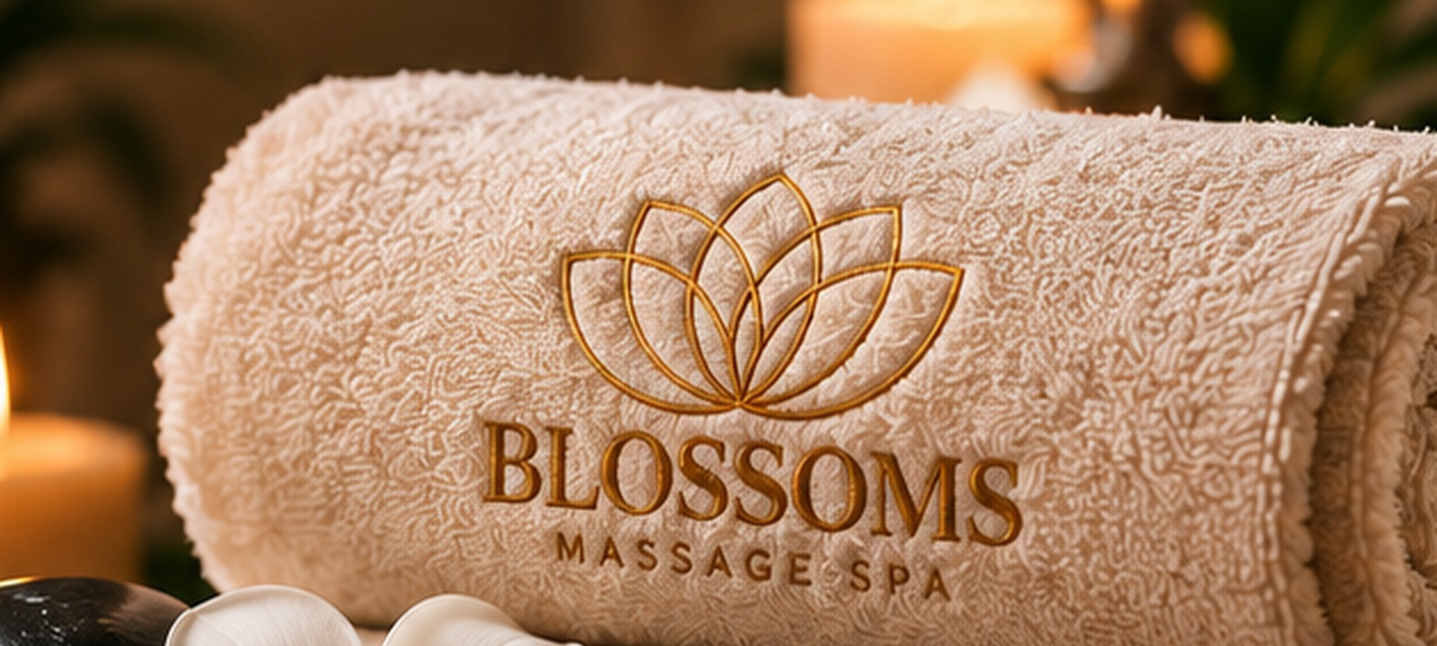 Candlelit spa still life with Blossoms branded towels, stones and frangipani flower with a ceramic vase, frangipani flower and massage oil, with a massage session in progress in the background at Blossoms Massage Spa