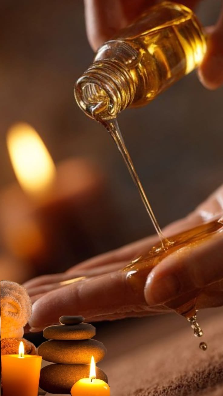 Massage oil being poured into a therapist's hand for an aromatherapy massage at Blossoms Massage Spa, Kilimani