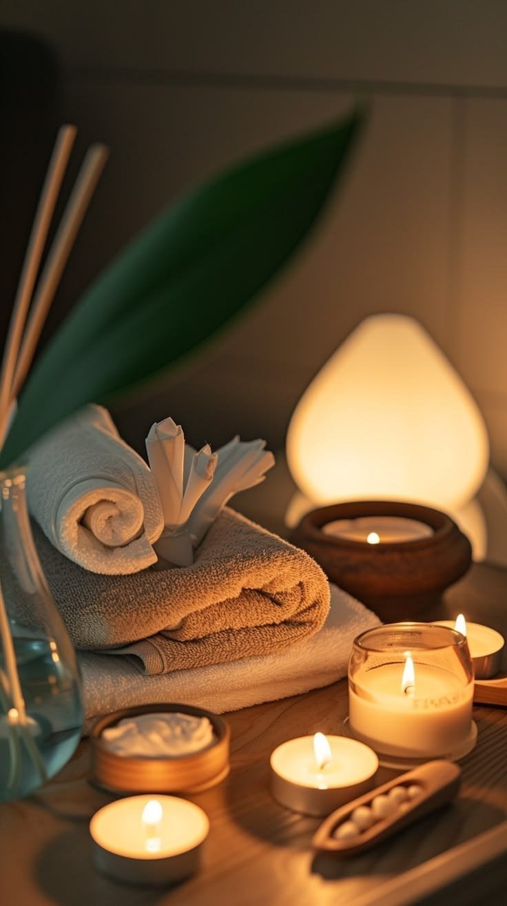 Rolled spa towels, candles and aromatherapy diffuser set up for a spa package treatment at Blossoms Massage Spa, Kilimani